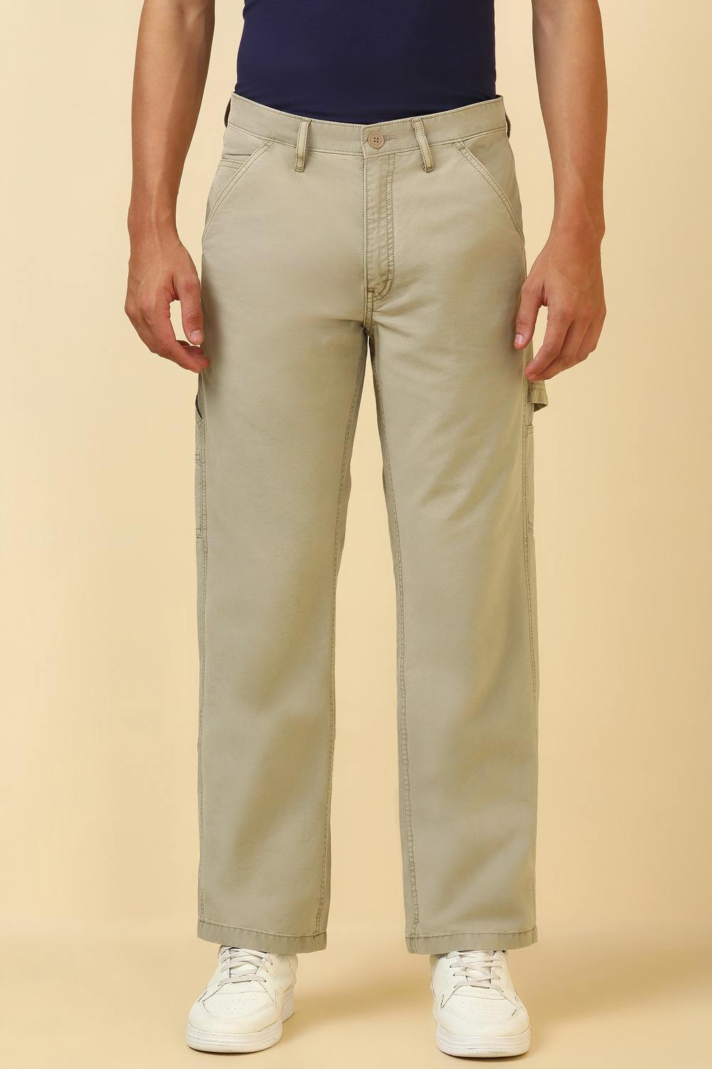 Men Beige Solid Casual Trousers