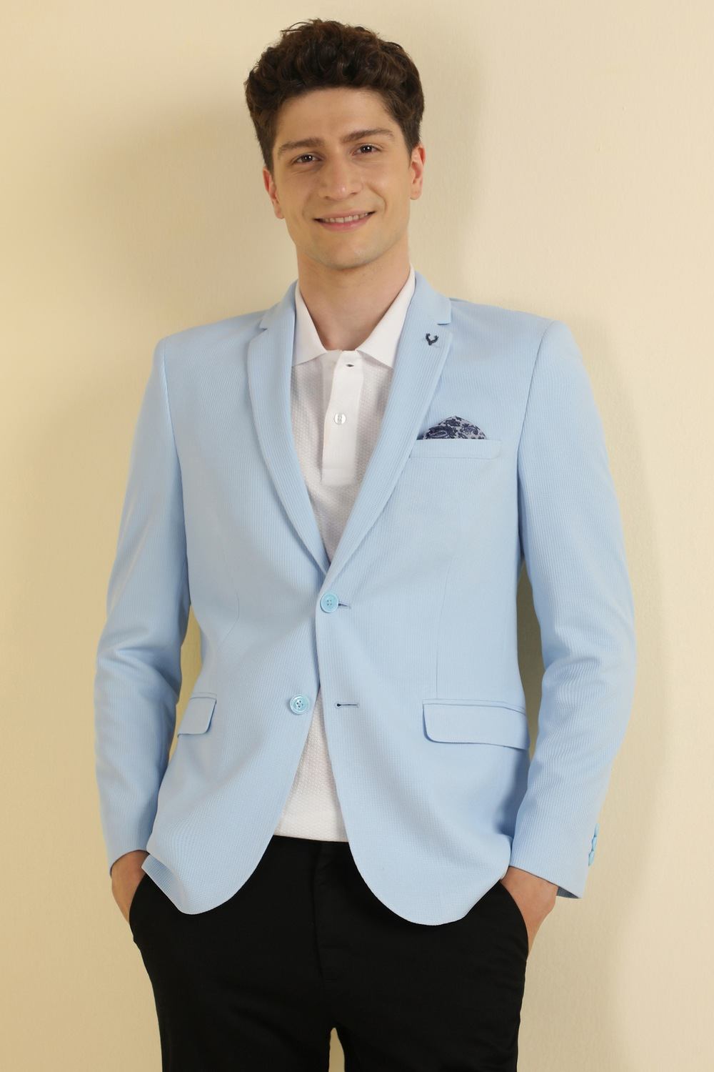Men Light Blue Slim Fit Textured Casual Blazer