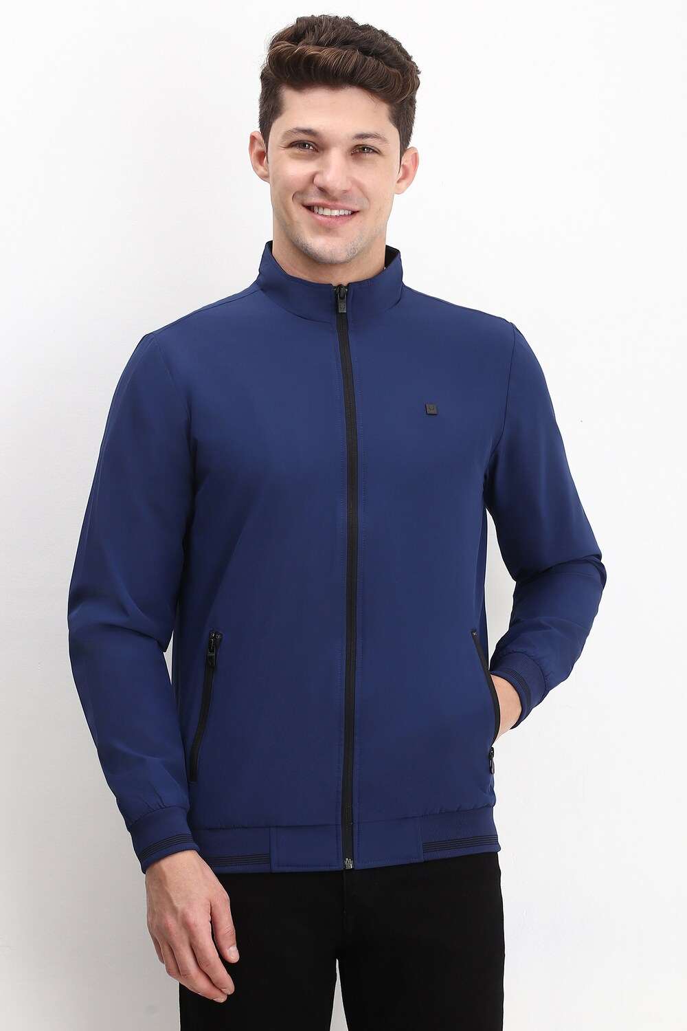 Men Navy Solid Full Sleeves Casual Jacket