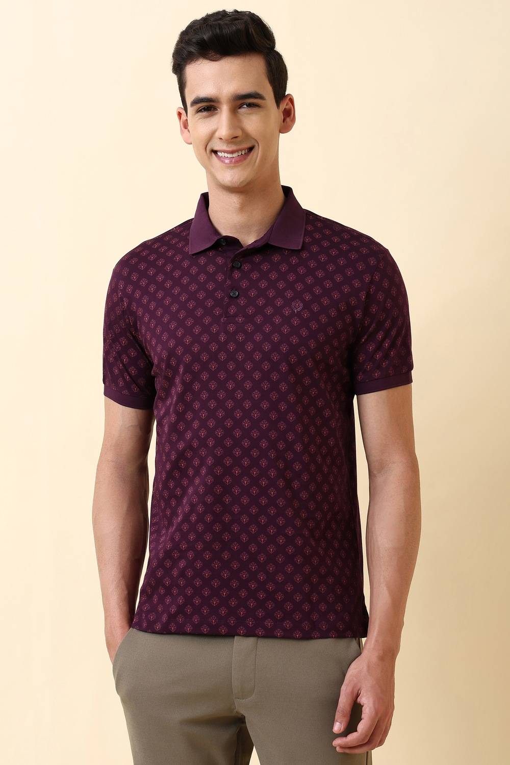 Men Maroon Print Polo Neck T-shirt