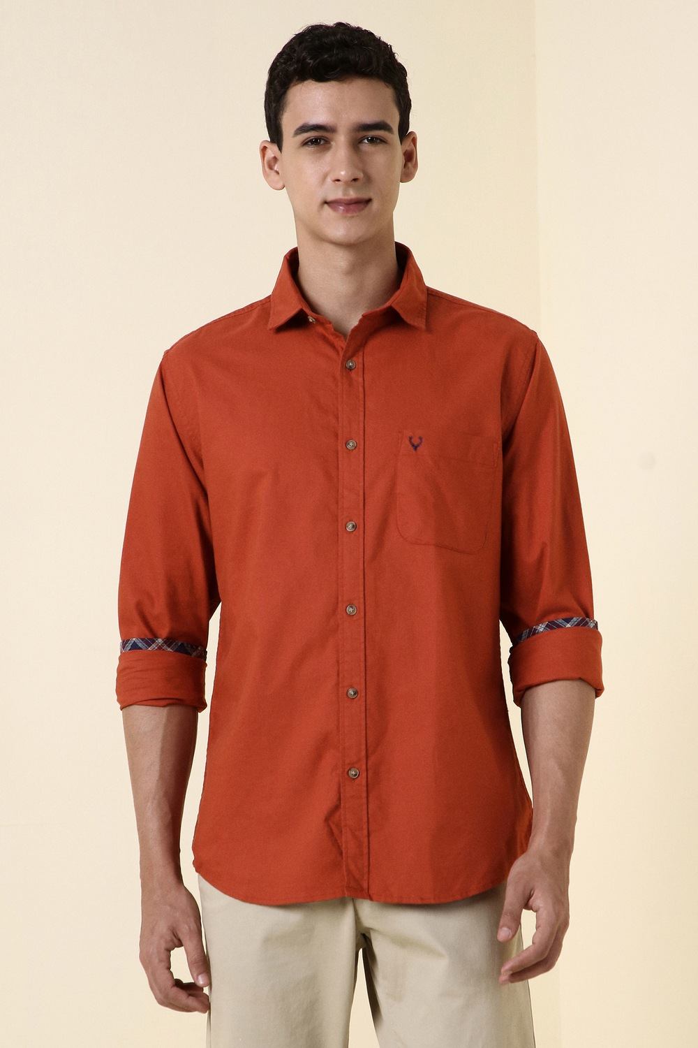 Men Orange Sport Fit Solid Full Sleeves Casual Shirt