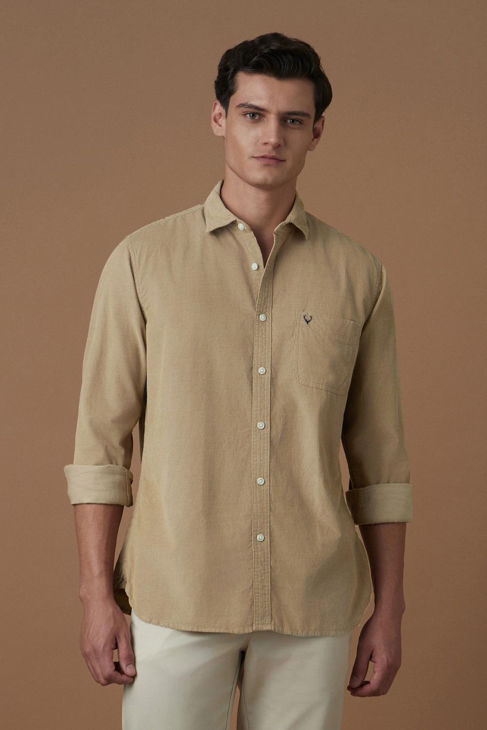 Men Khaki Sport Fit Solid Full Sleeves Casual Shirt