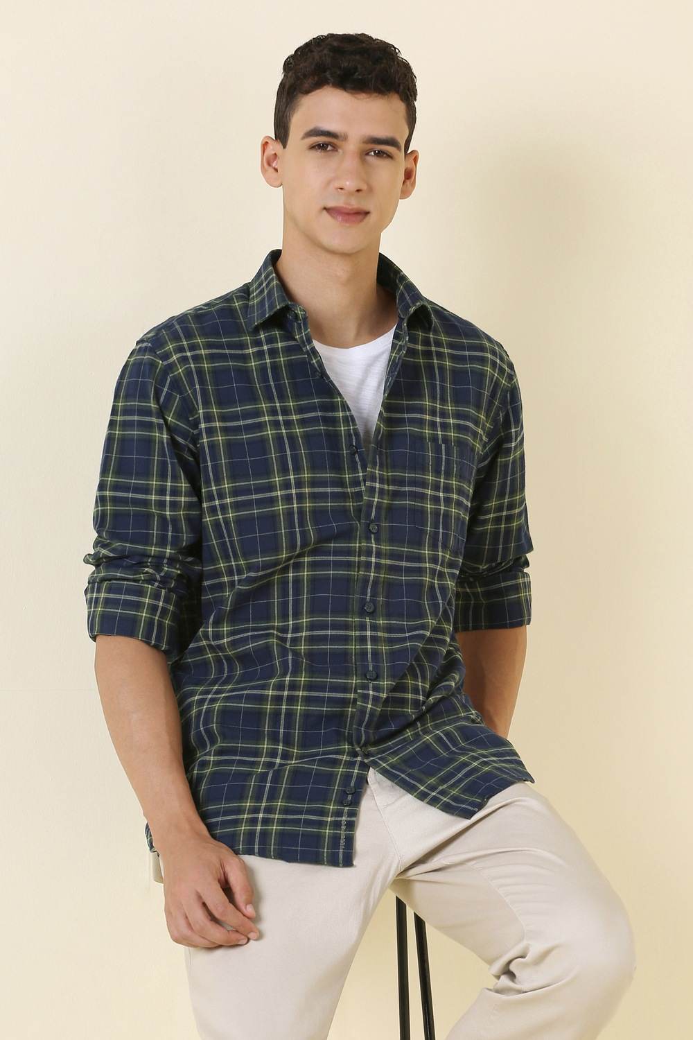 Men Navy Sport Fit Check Full Sleeves Casual Shirt