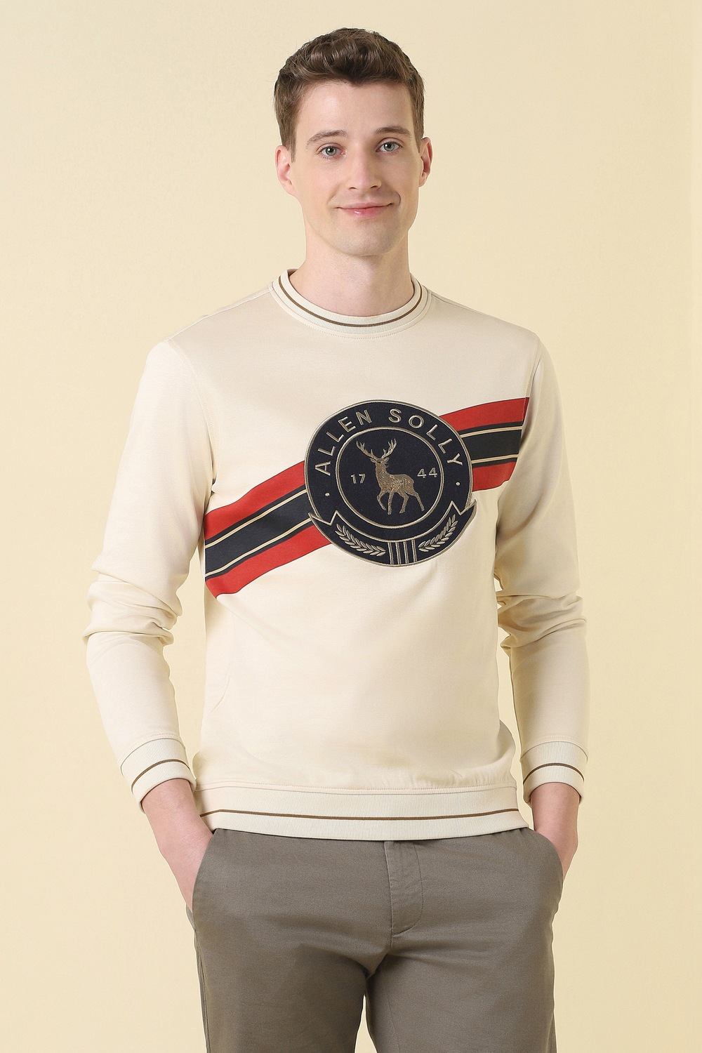 Men Beige Crew Neck Full Sleeves Casual Sweatshirt
