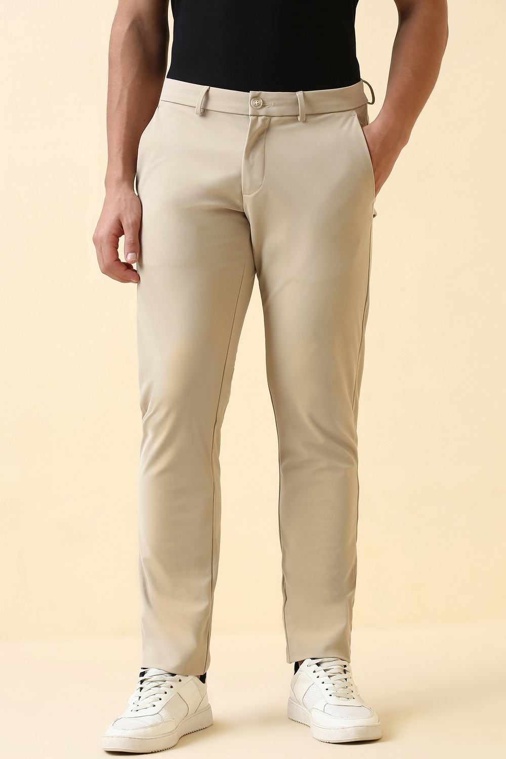 Men Beige Solid Casual Trousers