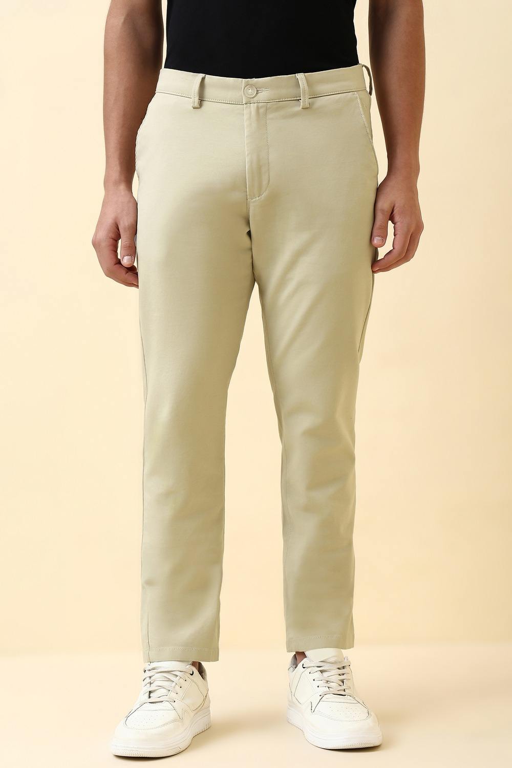Men Beige Solid Casual Trousers