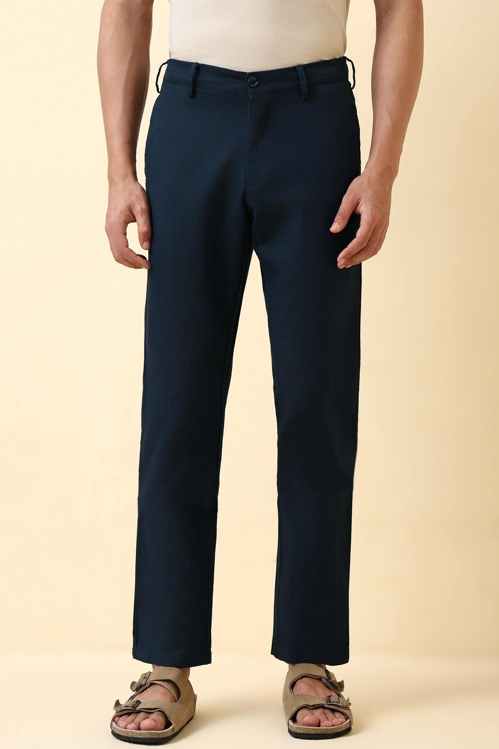 Men Navy Textured Casual Trousers