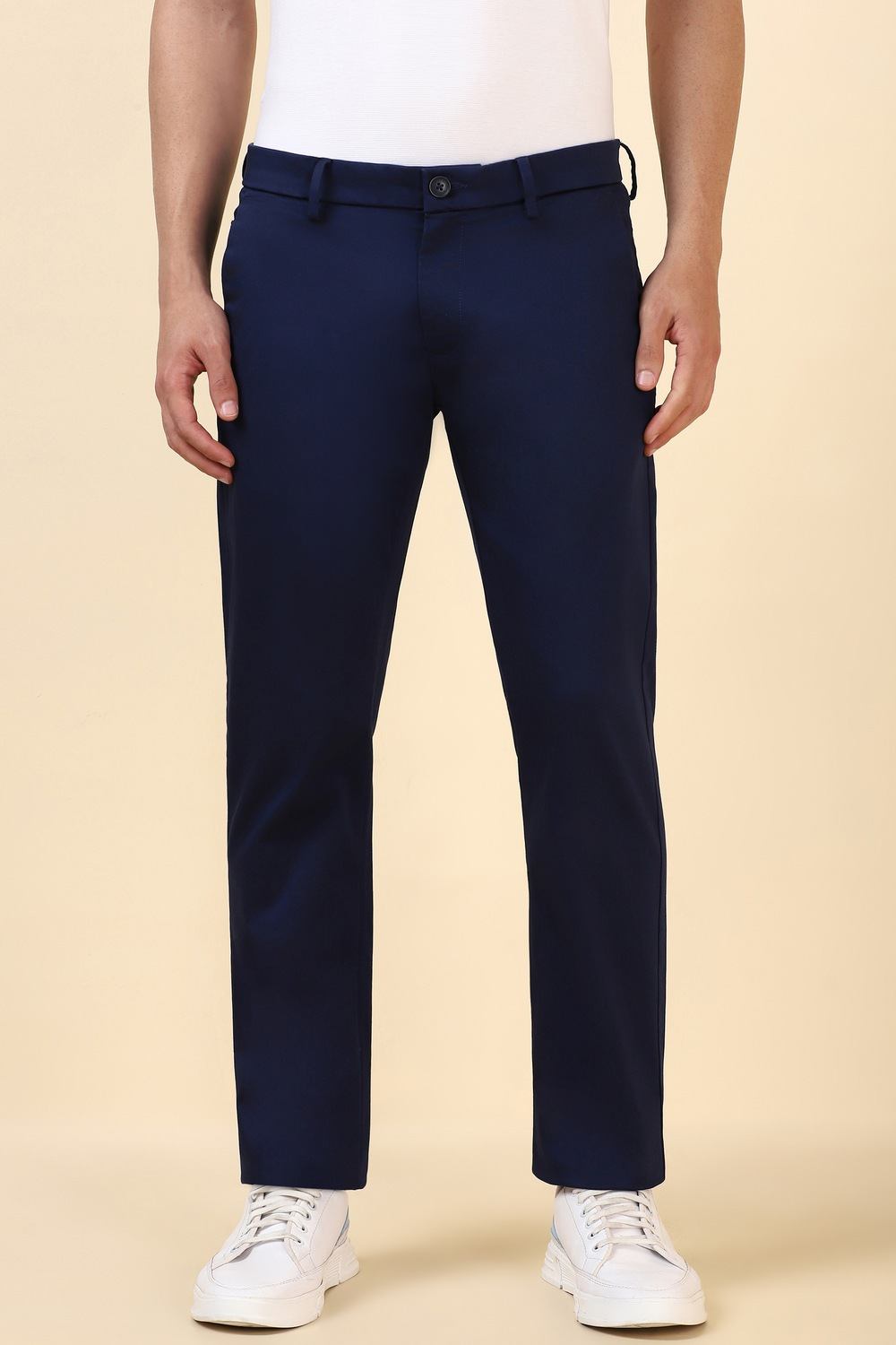 Men Navy Solid Casual Trousers