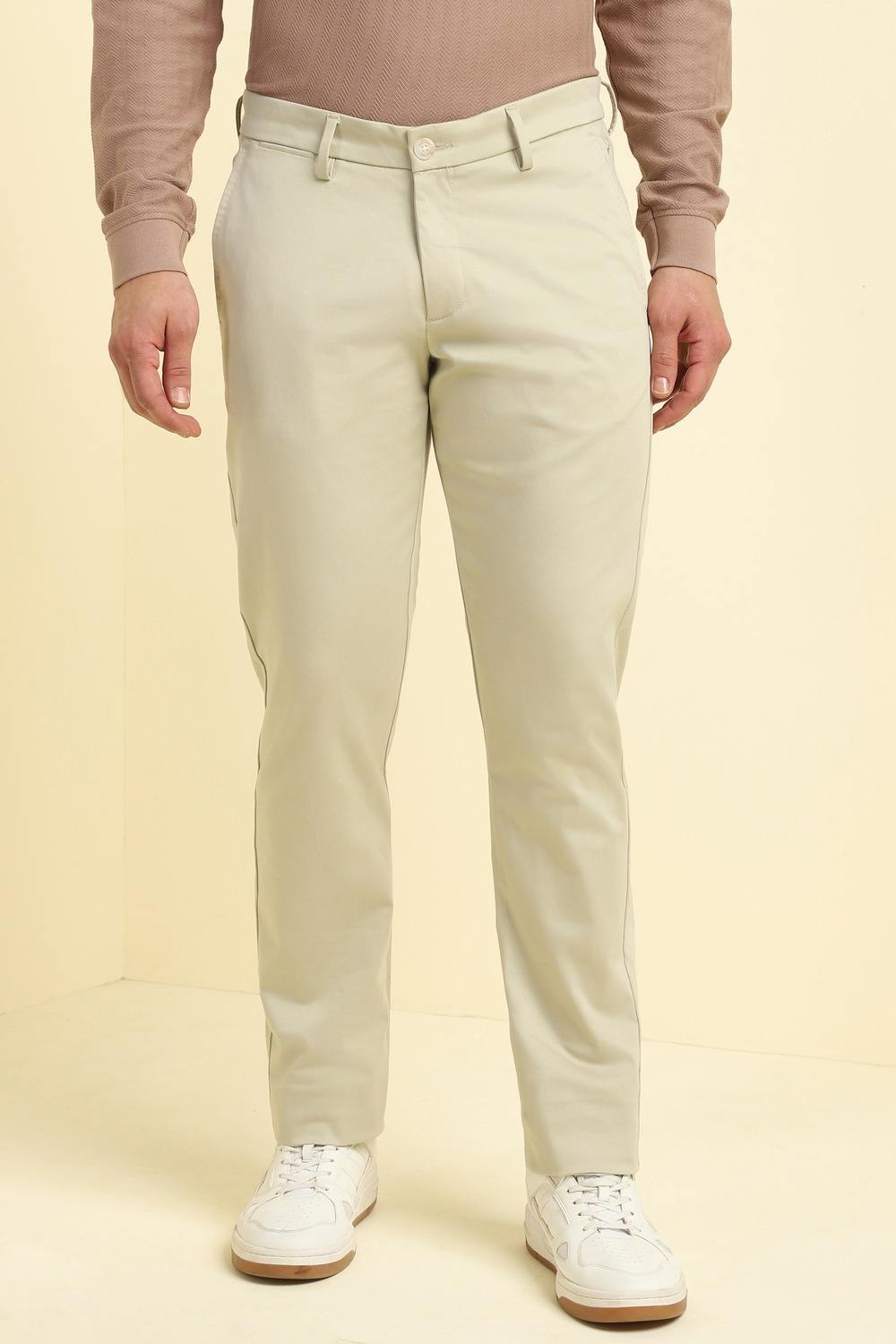 Men Beige Solid Casual Trousers