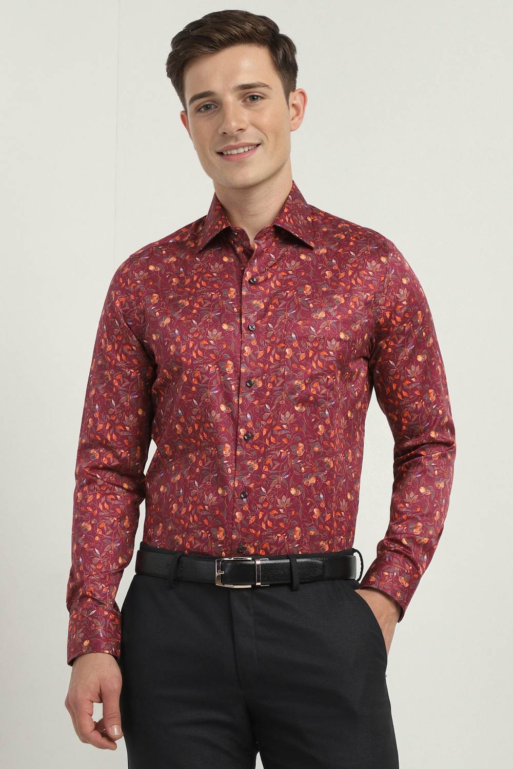 Men Maroon Regular Fit Printed Full Sleeves Formal Shirt