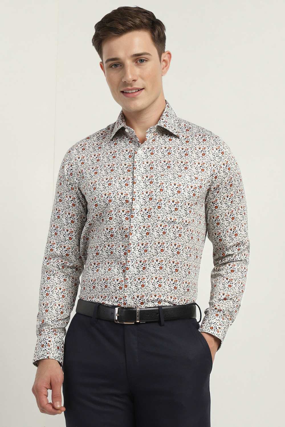 Men White Regular Fit Printed Full Sleeves Formal Shirt