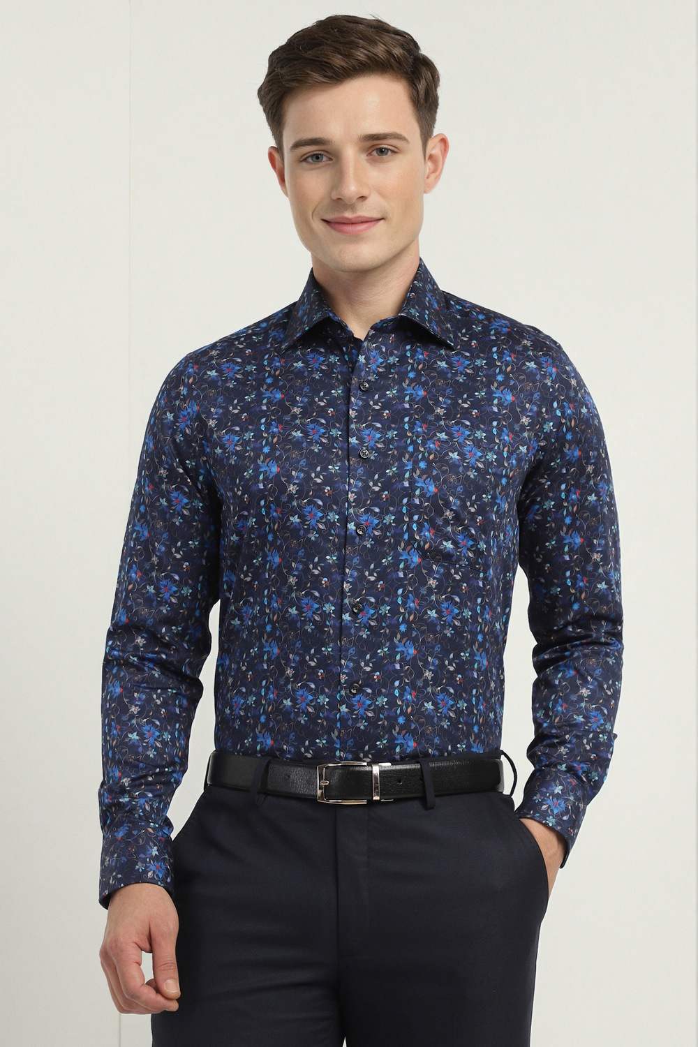 Men Navy Regular Fit Printed Full Sleeves Formal Shirt