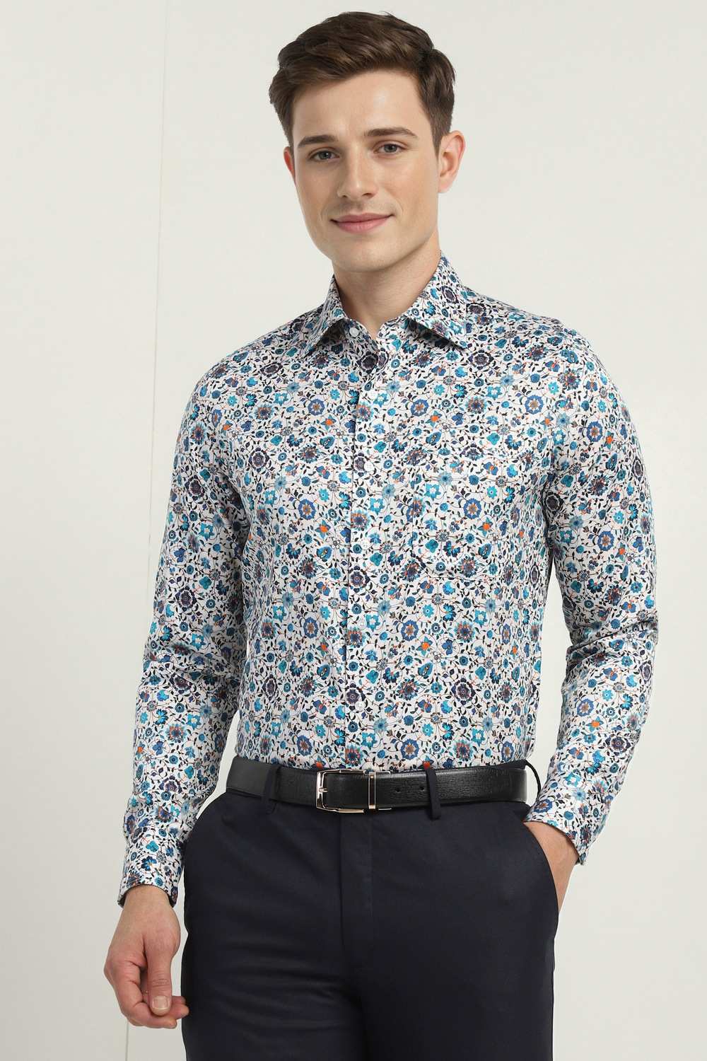 Men White Regular Fit Printed Full Sleeves Formal Shirt