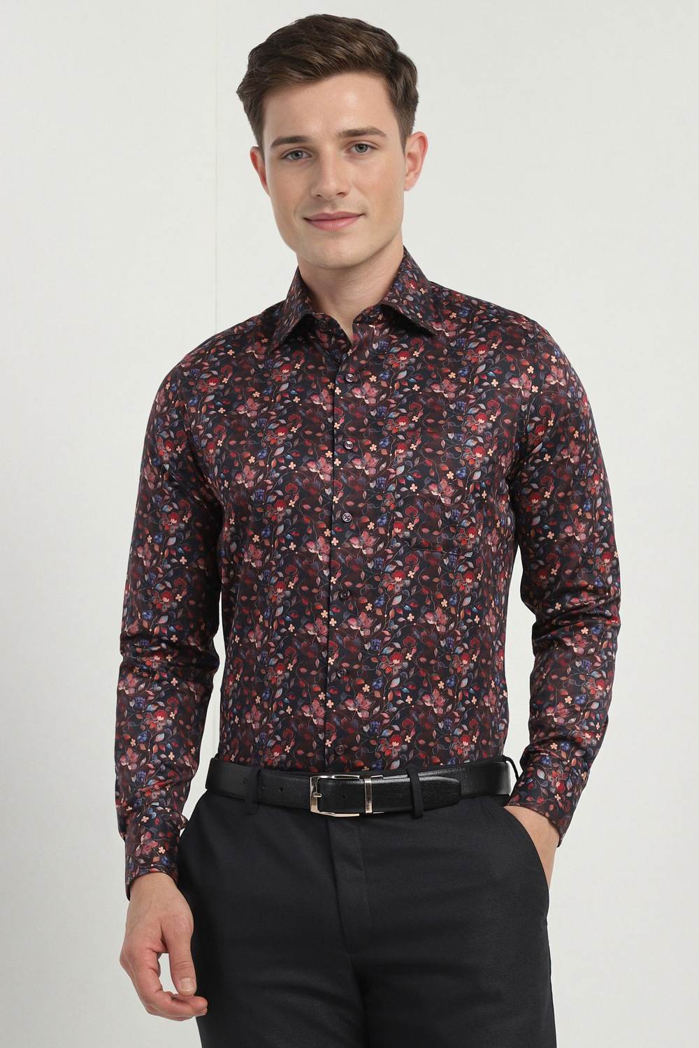 Men Maroon Regular Fit Printed Full Sleeves Formal Shirt
