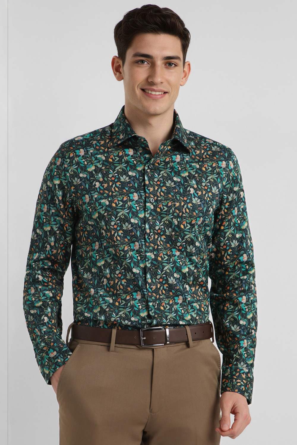 Men Green Regular Fit Printed Full Sleeves Formal Shirt