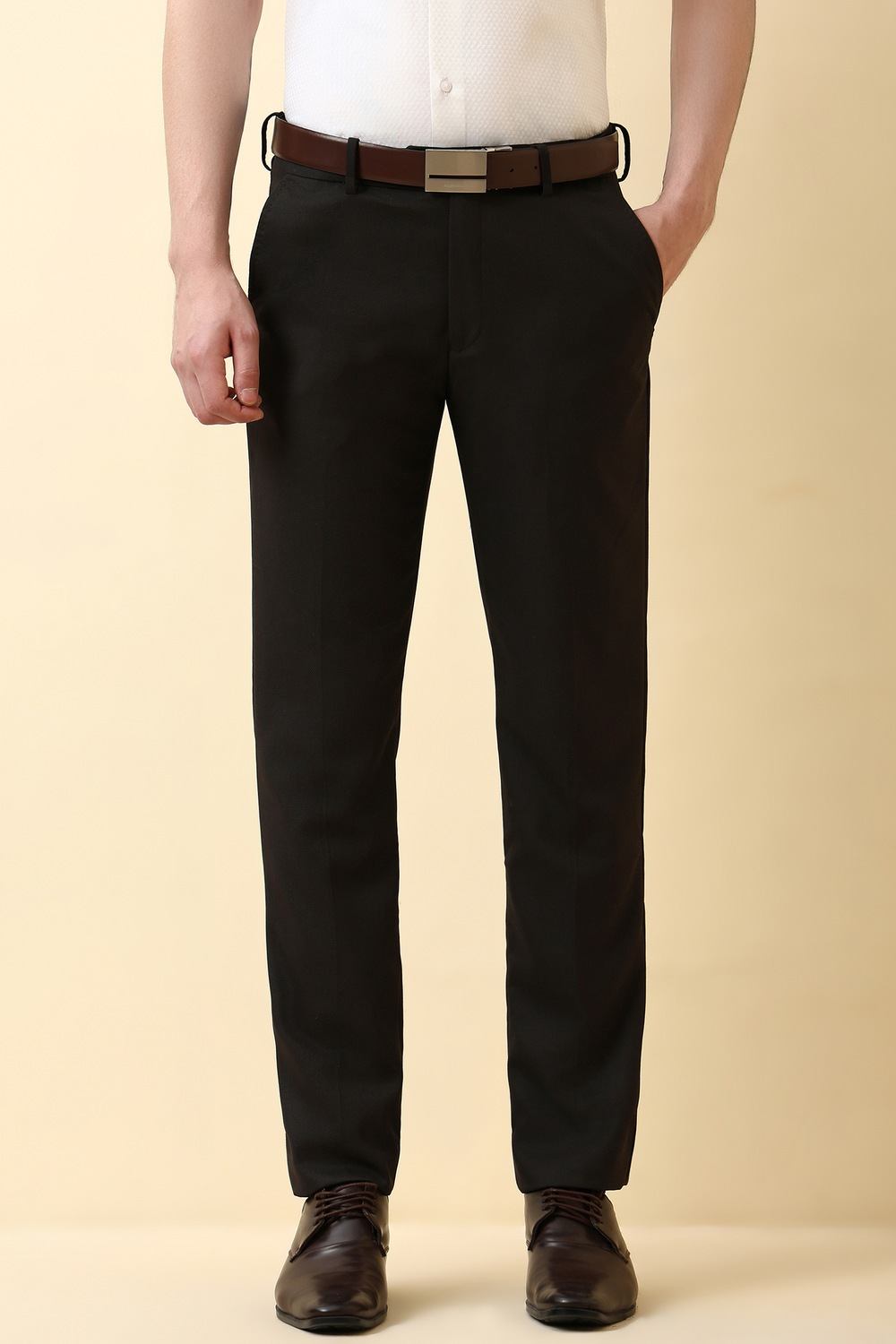 Men Black Textured Formal Trousers