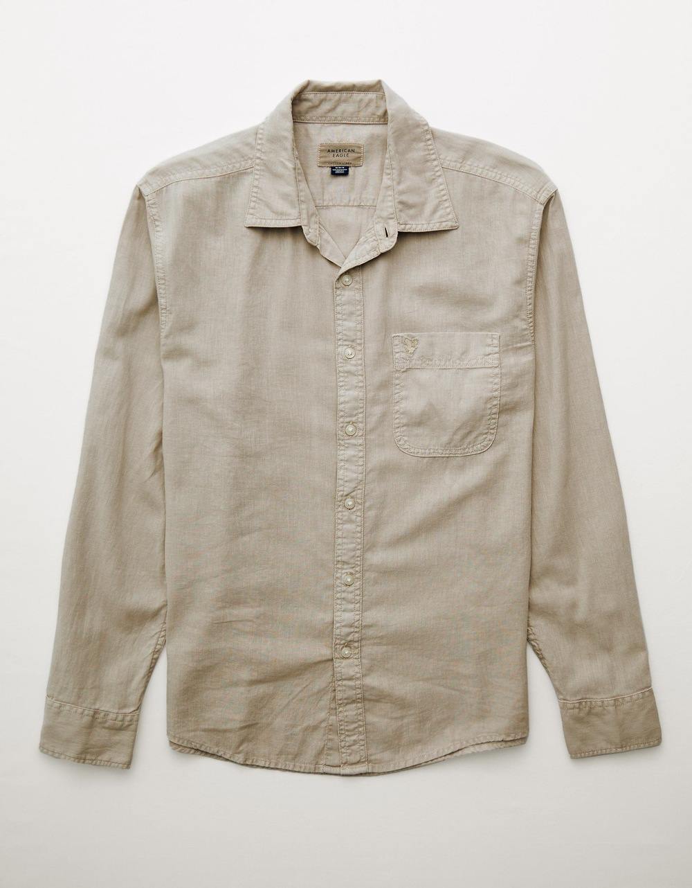 American Eagle Men Green  Long-Sleeve Linen-Blend Button-Up Shirt