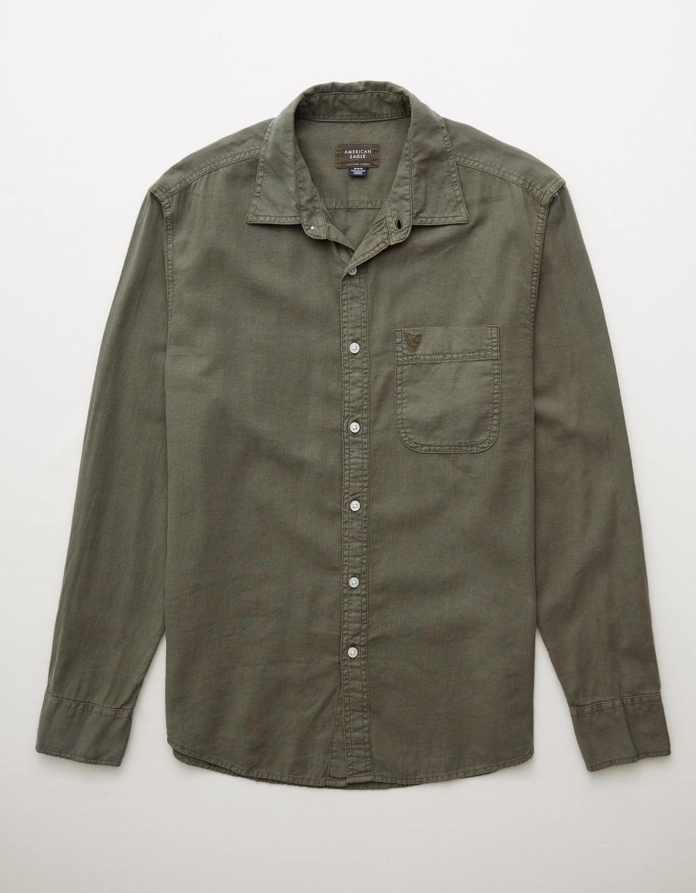 American Eagle Men Green  Long-Sleeve Linen-Blend Button-Up Shirt