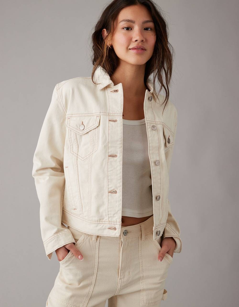 American Eagle Women Cream Strigid Classic Denim Jacket