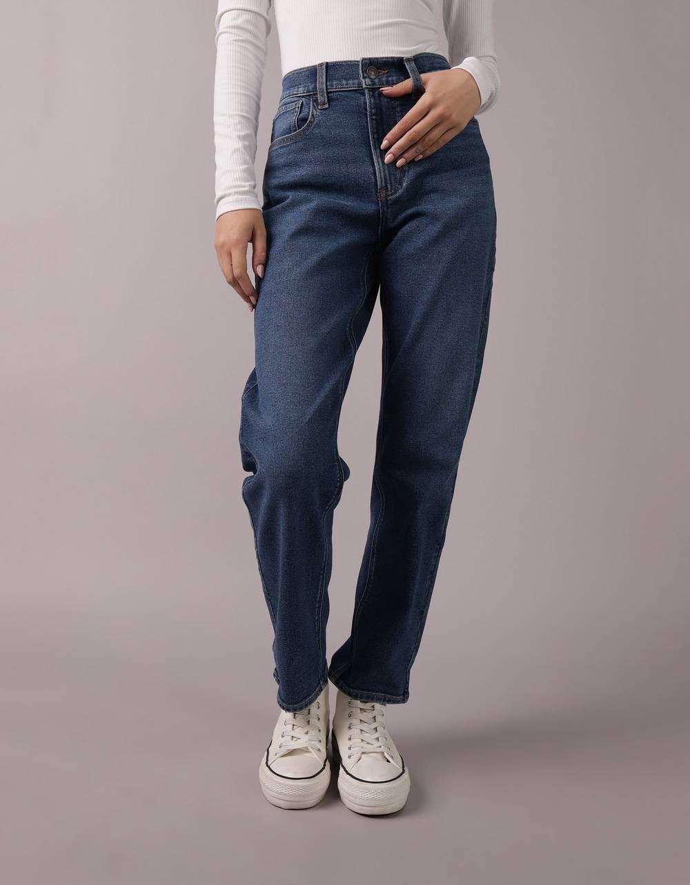 American Eagle Women Blue Stretch Super High-Waisted Ankle Straight Jean