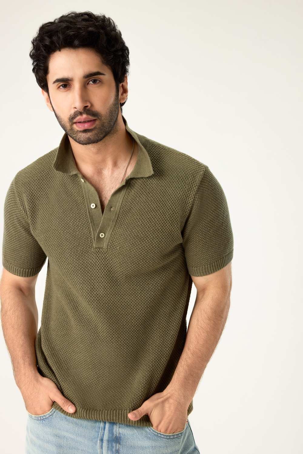 American Eagle Men Bunker Olive Sweater Polo Shirt