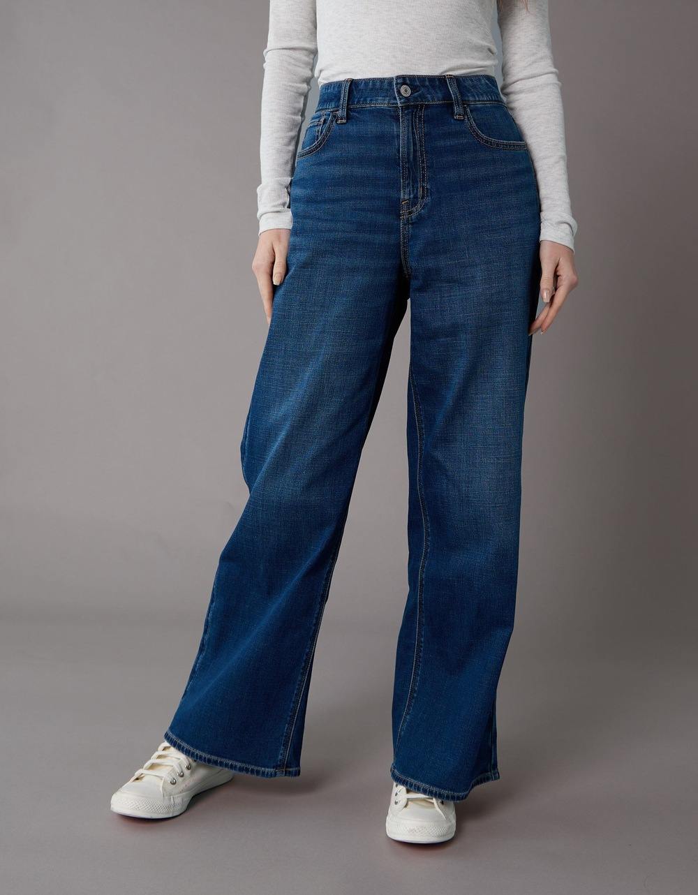 American Eagle Women Blue Dreamy Drapey Stretch Super High-Waisted Baggy Wide-Leg Jean