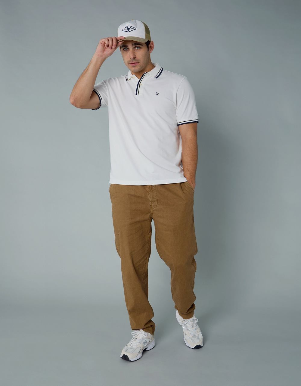 American Eagle Men White Stretch Pique Tipped Polo Shirt