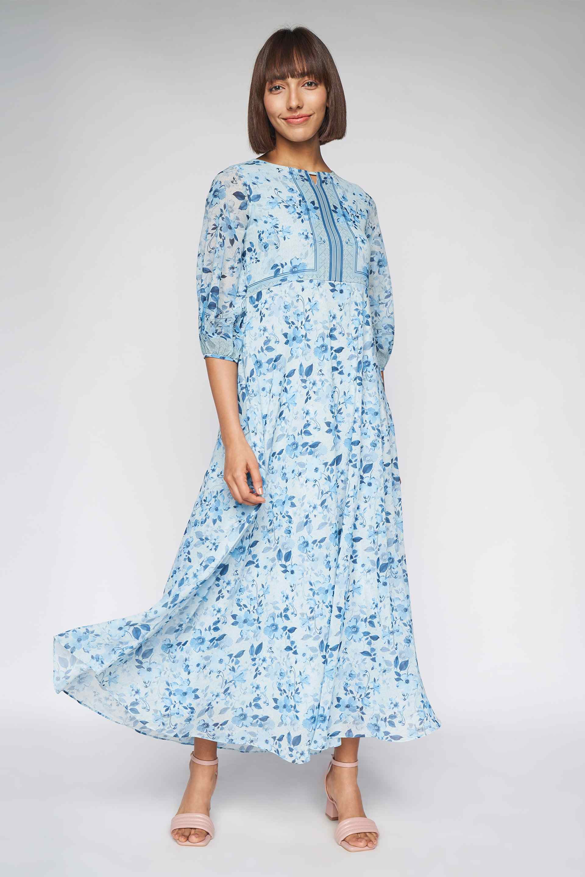 Powder Blue Floral Fit and Flare Gown