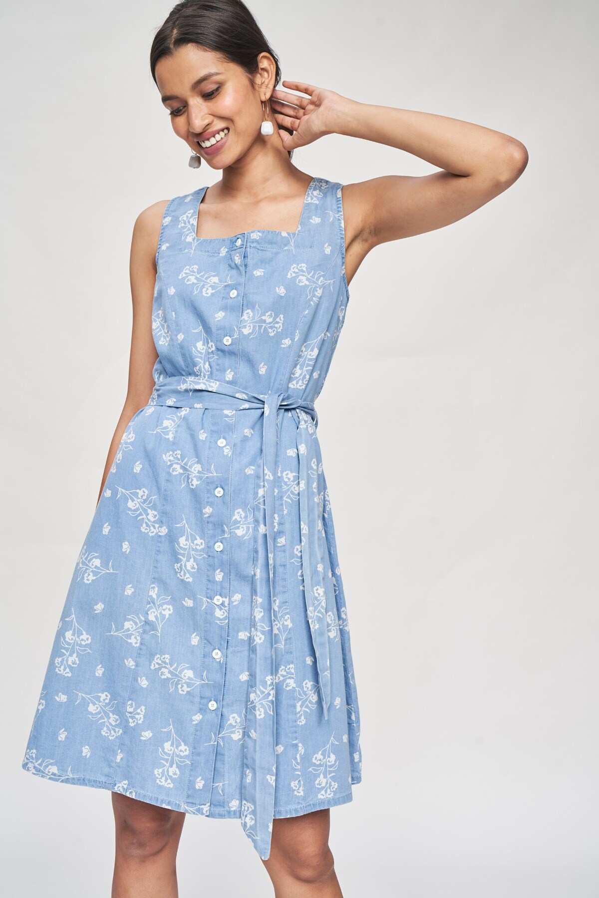 Light Blue Floral Printed A-Line Dress