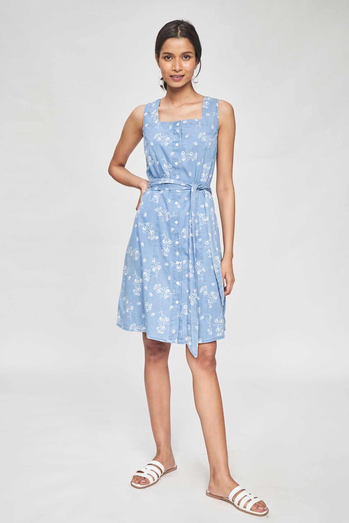 Light Blue Floral Printed A-Line Dress