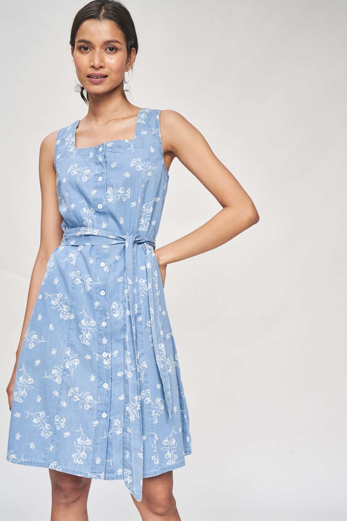 Light Blue Floral Printed A-Line Dress