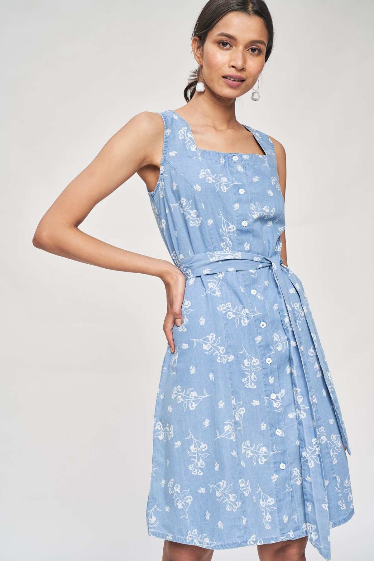 Light Blue Floral Printed A-Line Dress