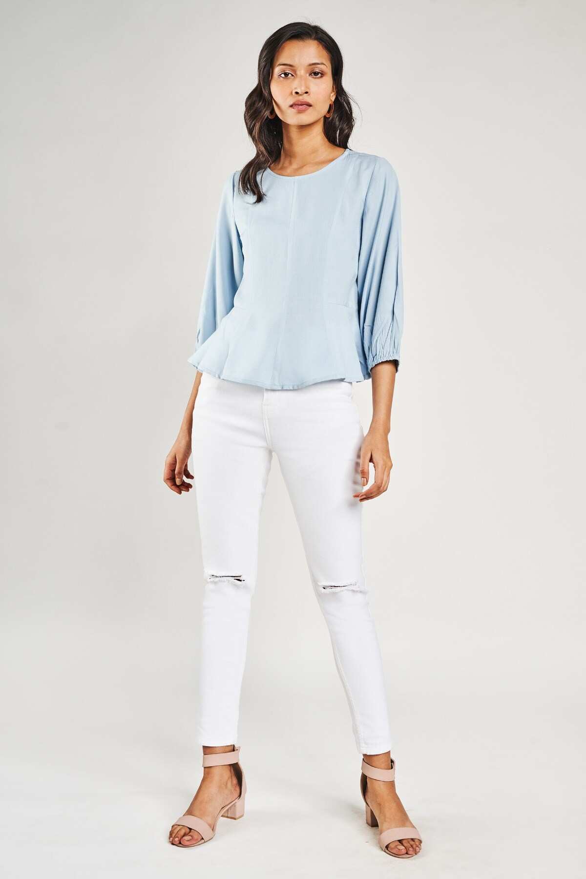 Light Blue Solid Peplum Top