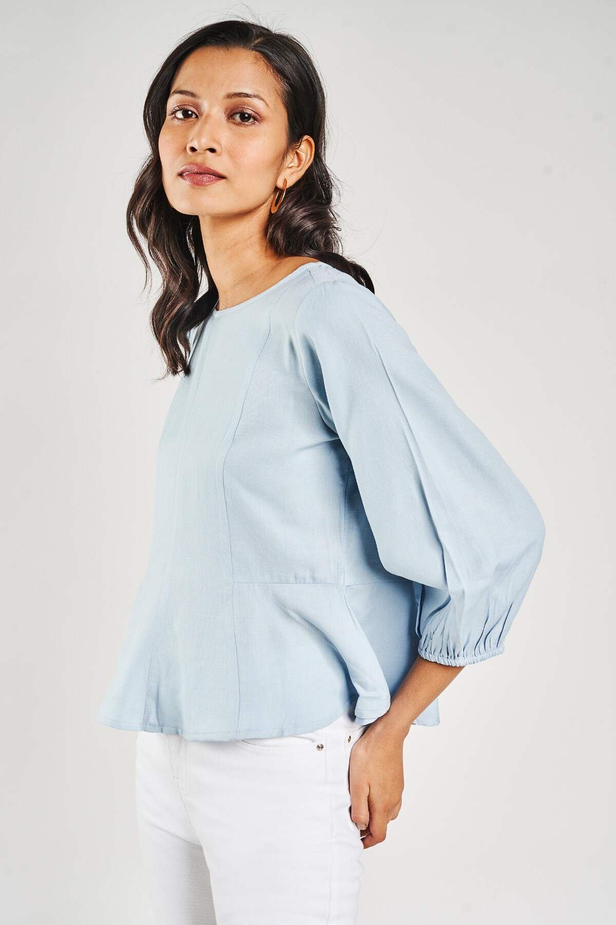 Light Blue Solid Peplum Top