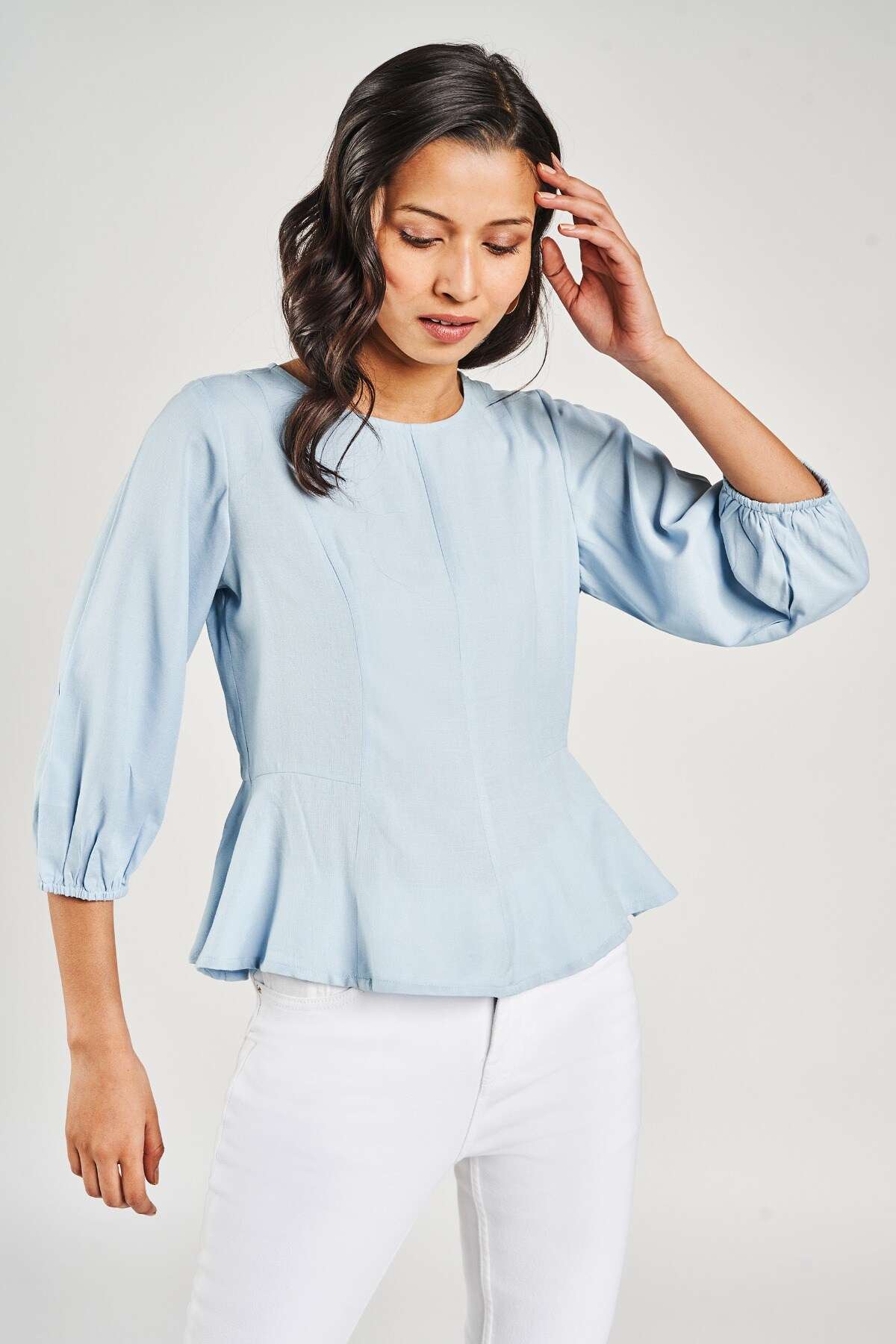 Light Blue Solid Peplum Top