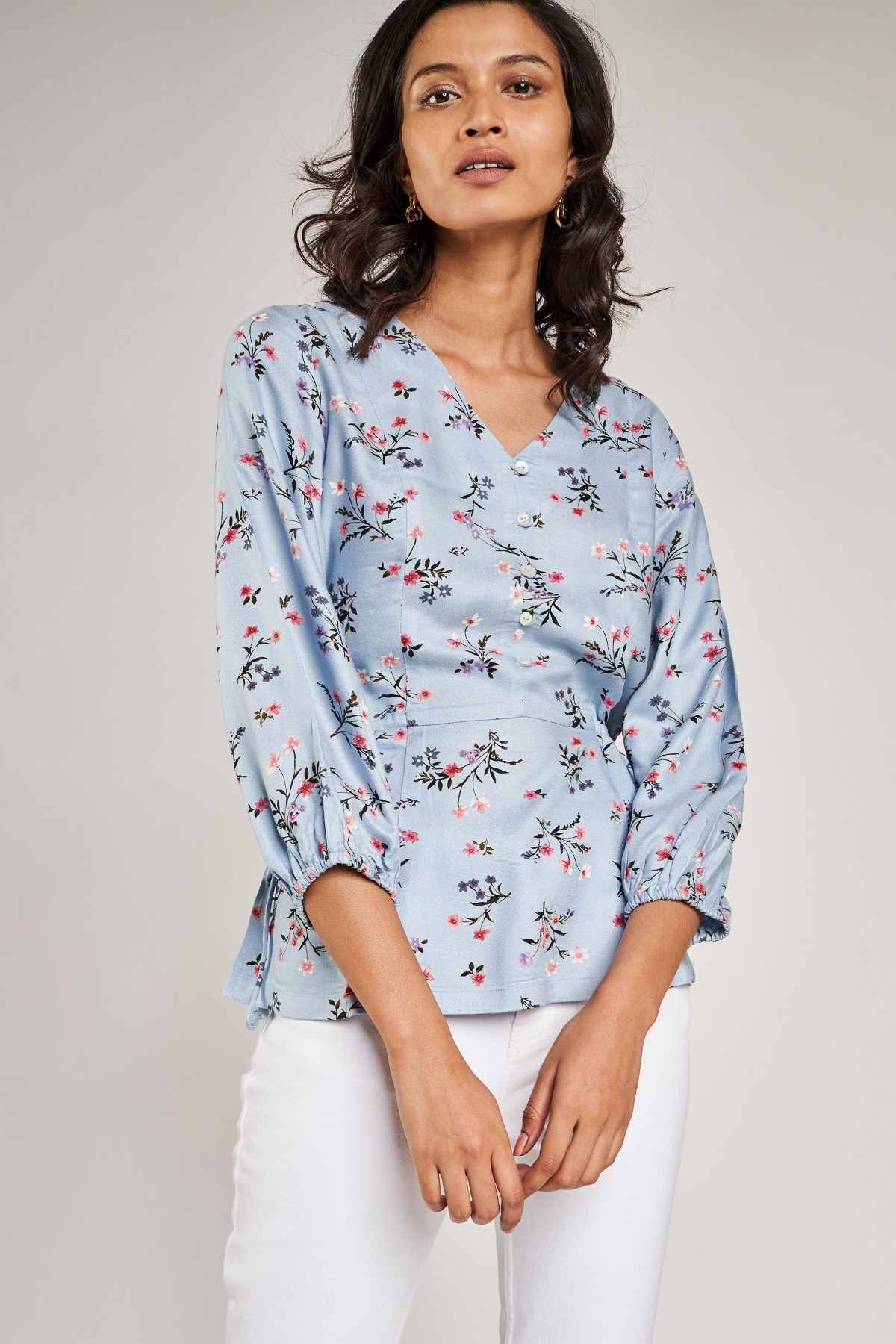 AND | Powder Blue Floral Printed Peplum Top 0