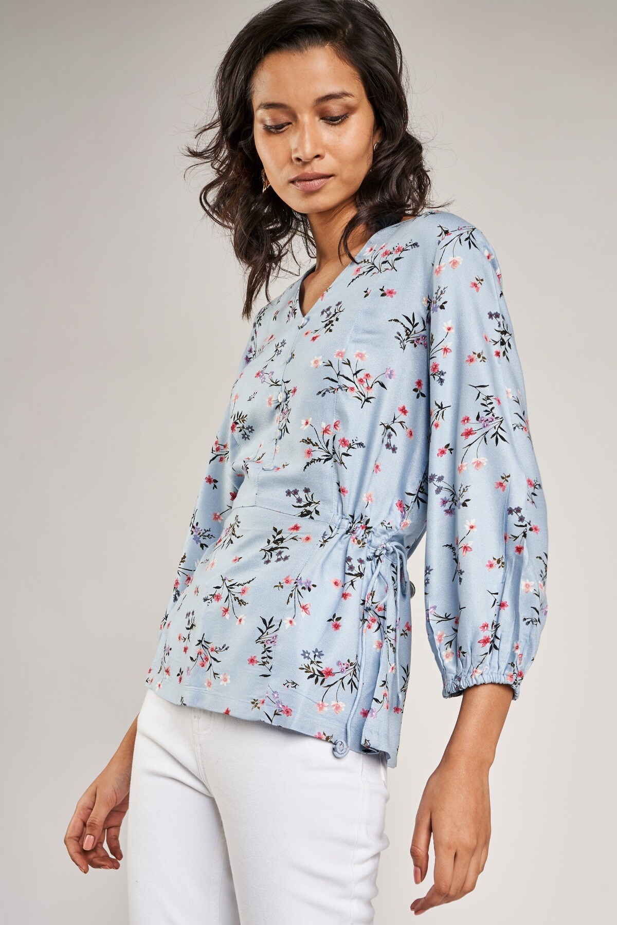 AND | Powder Blue Floral Printed Peplum Top 1