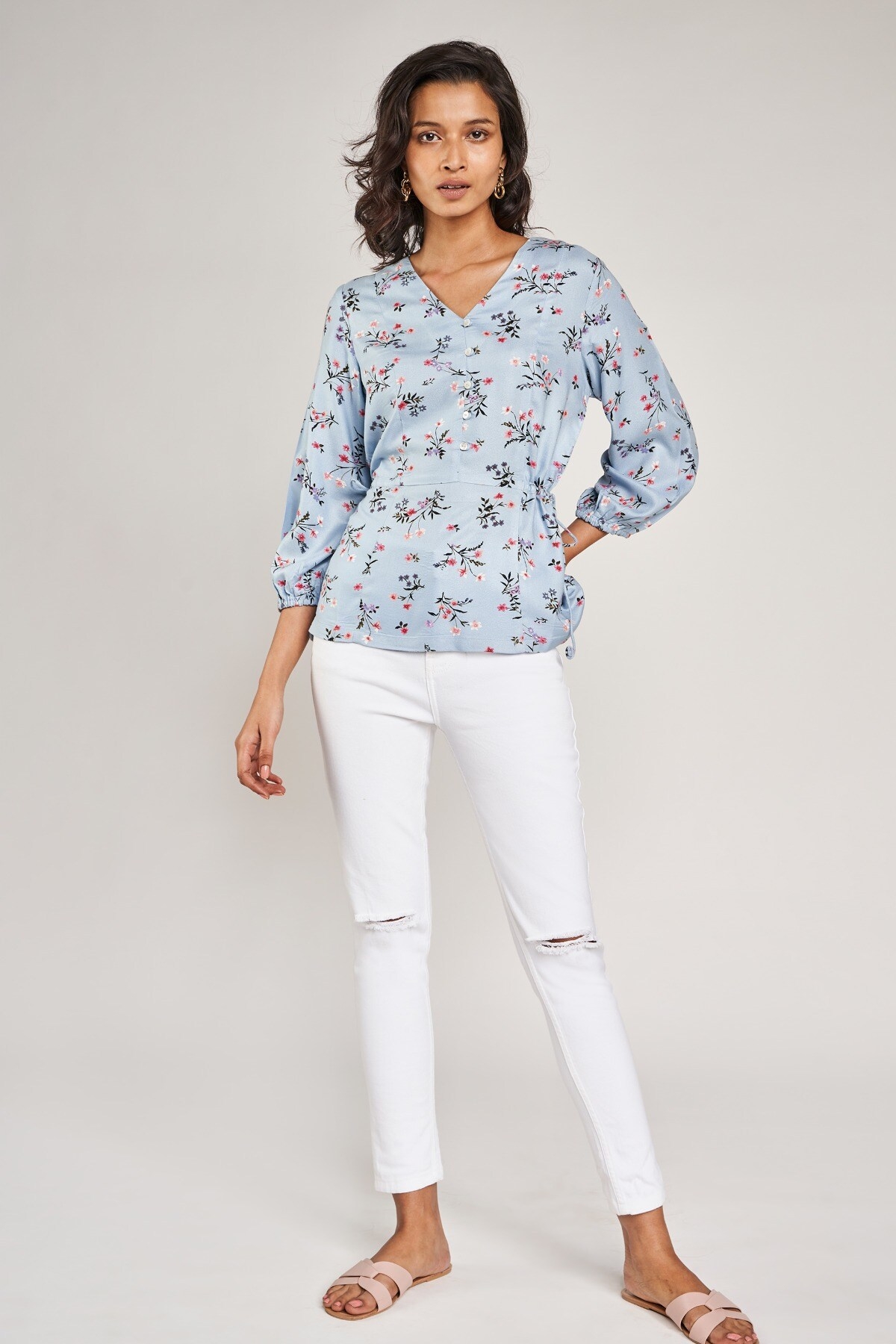 AND | Powder Blue Floral Printed Peplum Top 2