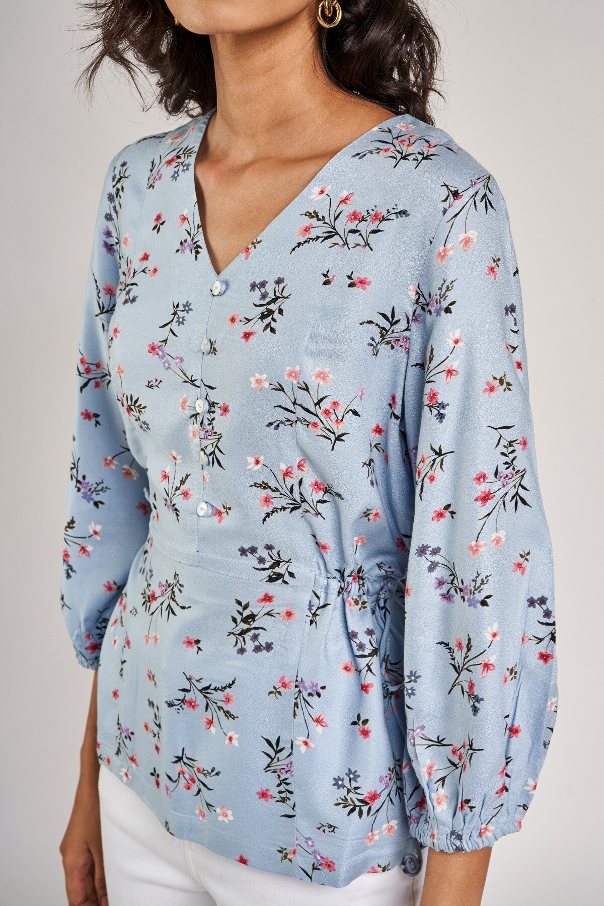 AND | Powder Blue Floral Printed Peplum Top 5