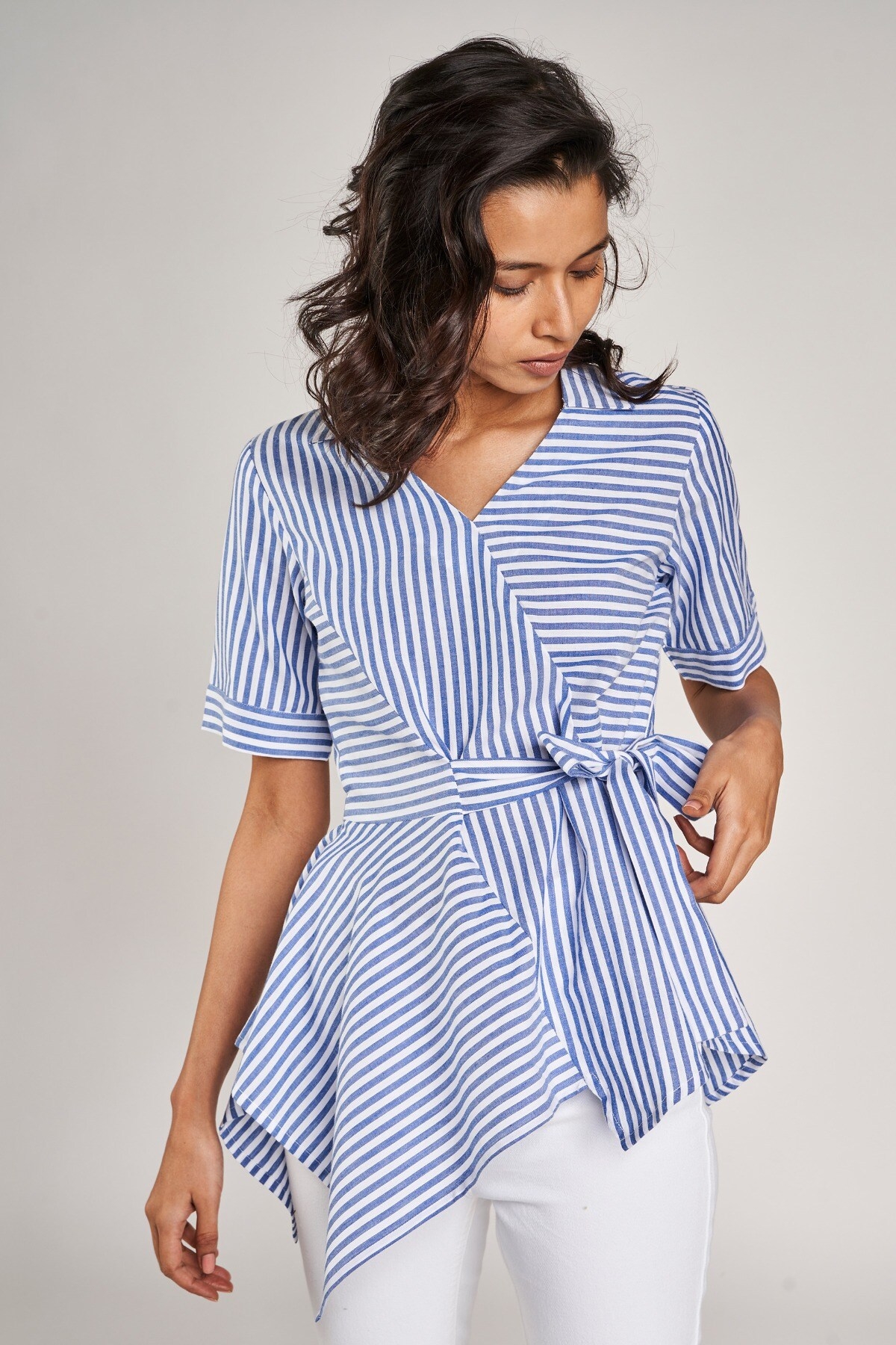 AND | Blue and White Striped Fit And Flare Top 0