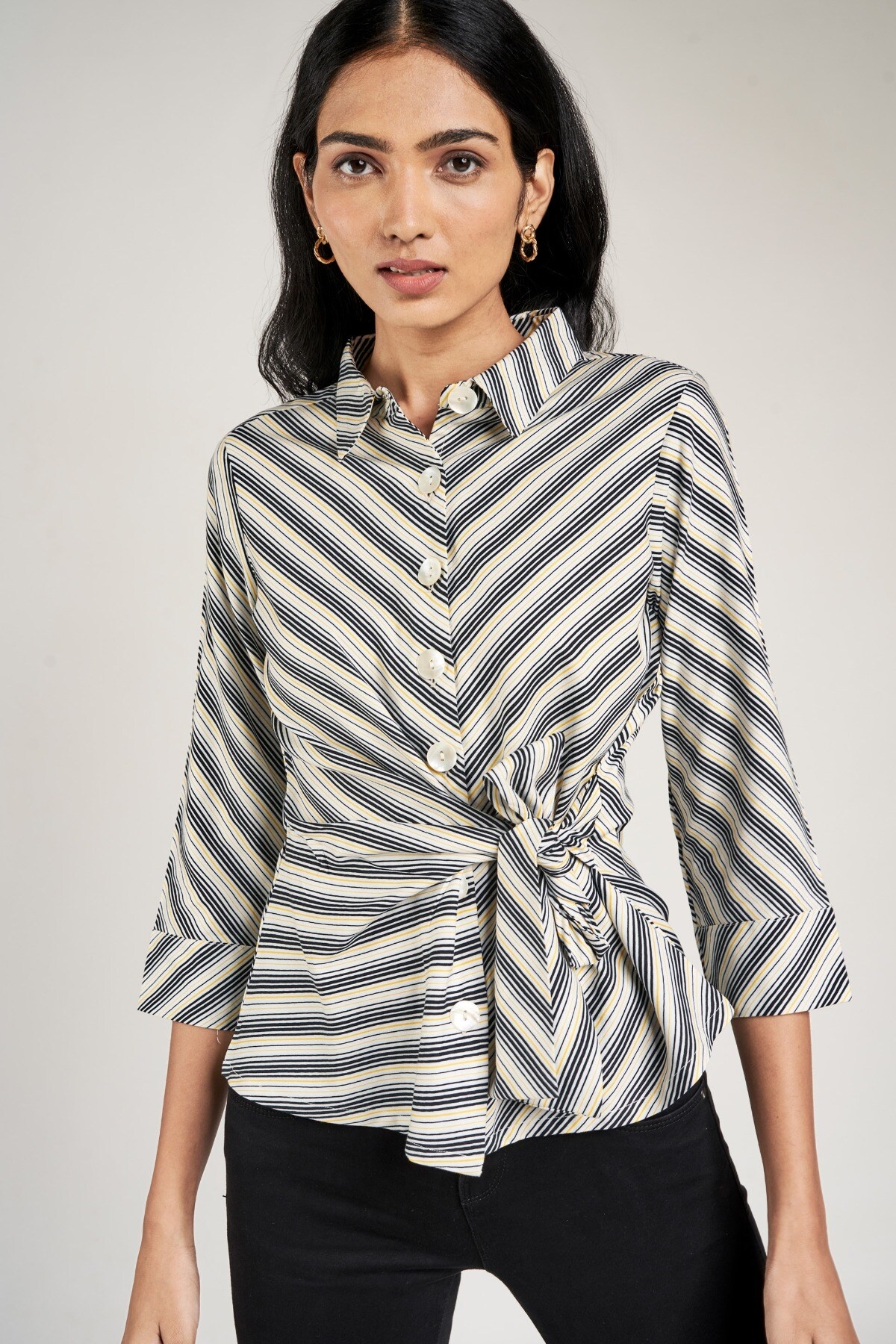 AND | Black and White Striped Printed Fit And Flare Top 1