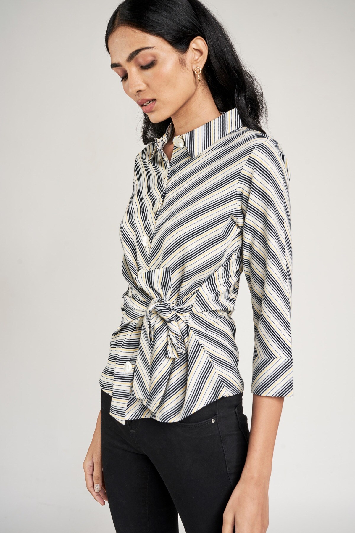 AND | Black and White Striped Printed Fit And Flare Top 4