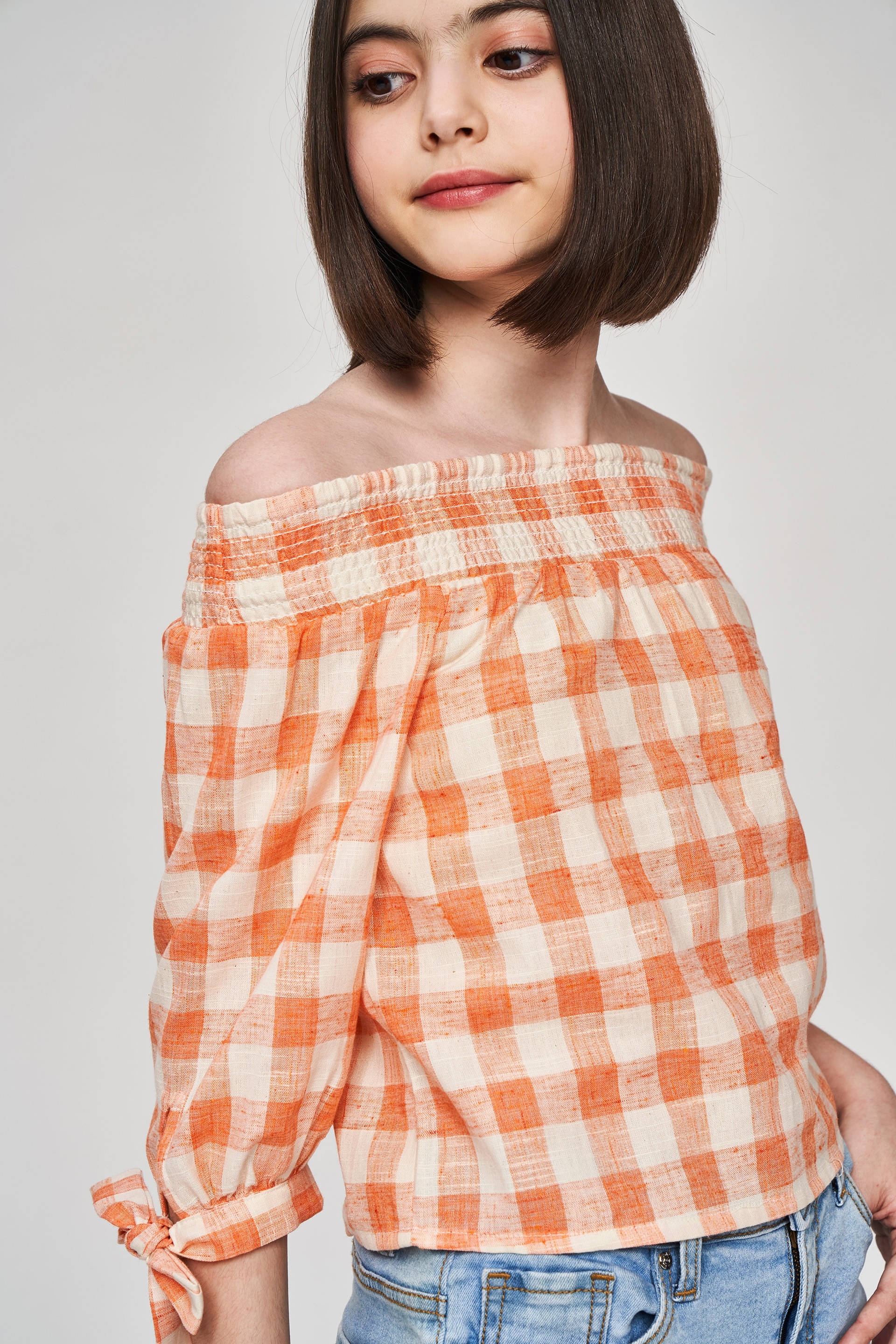 AND | Orange Checked Printed Off Shoulder Top 0