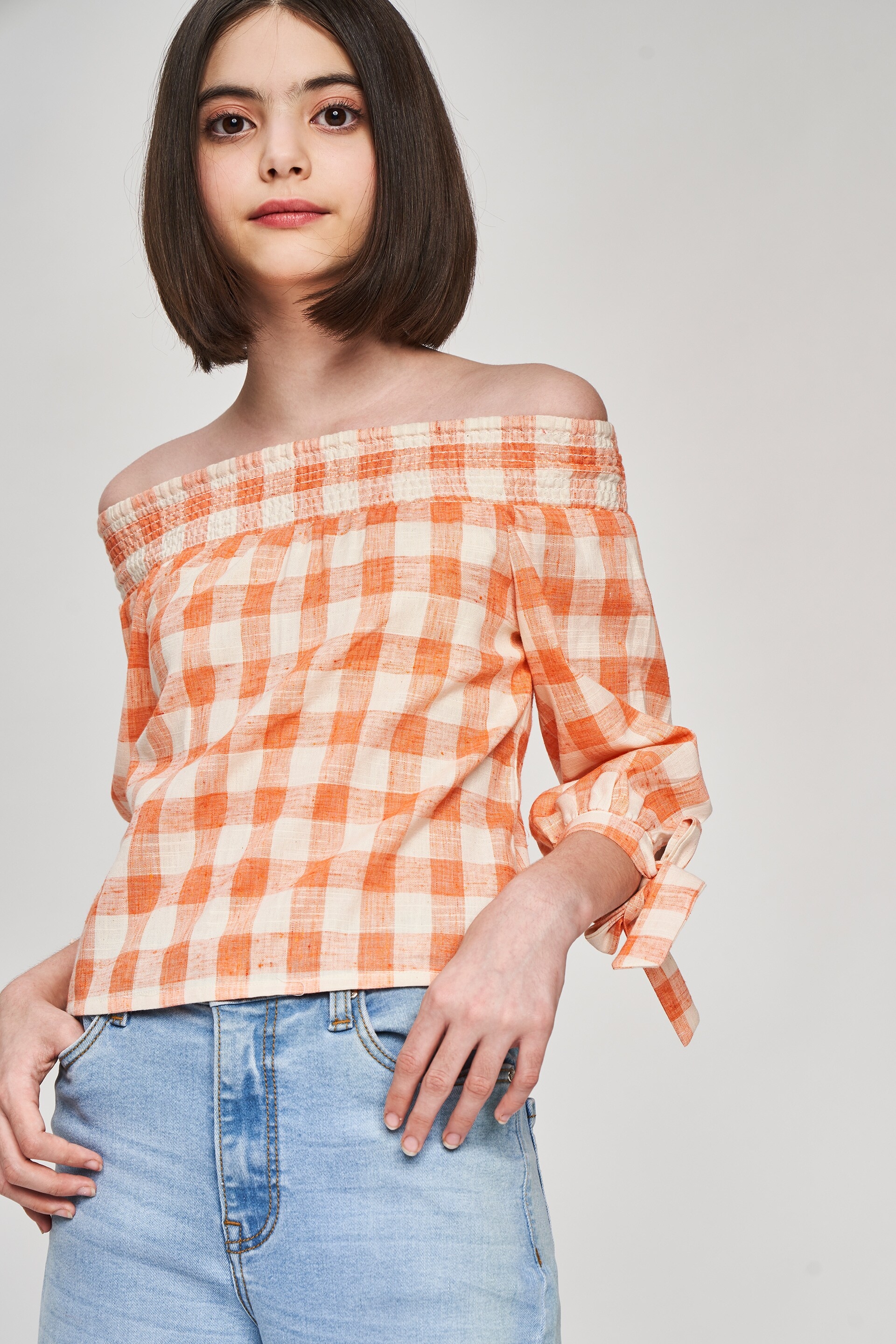 AND | Orange Checked Printed Off Shoulder Top 2