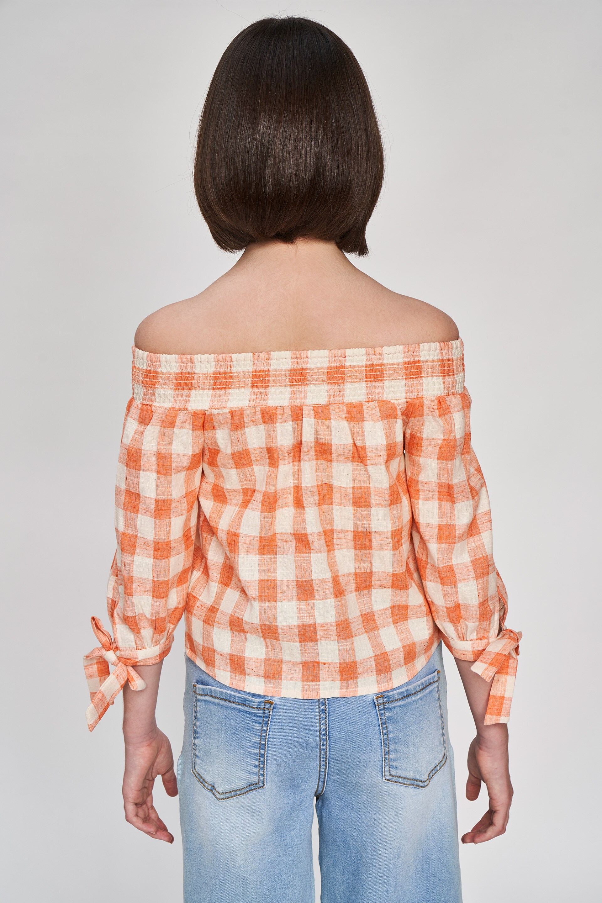 AND | Orange Checked Printed Off Shoulder Top 4