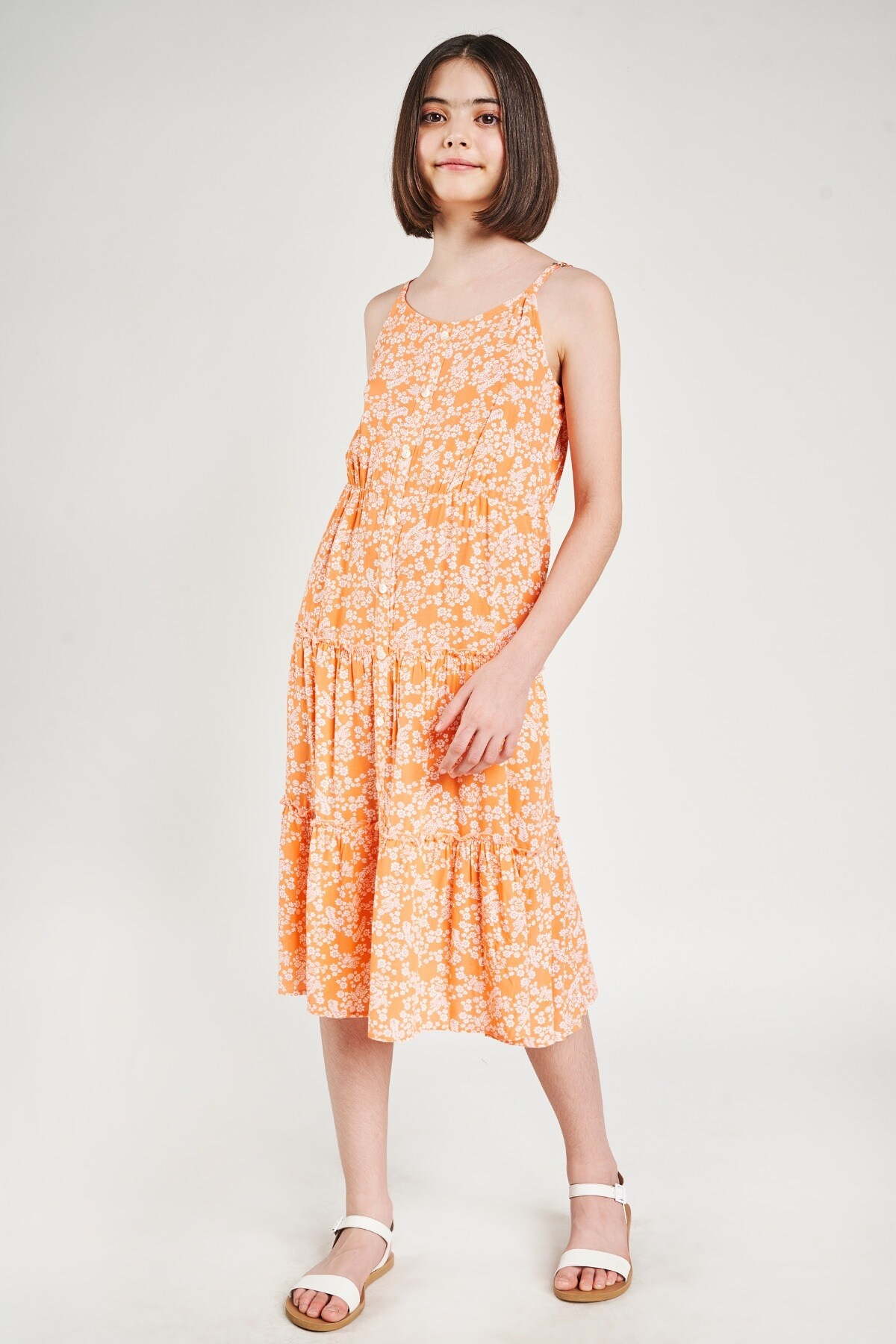 AND | Orange Floral Printed Fit And Flare Dress 1