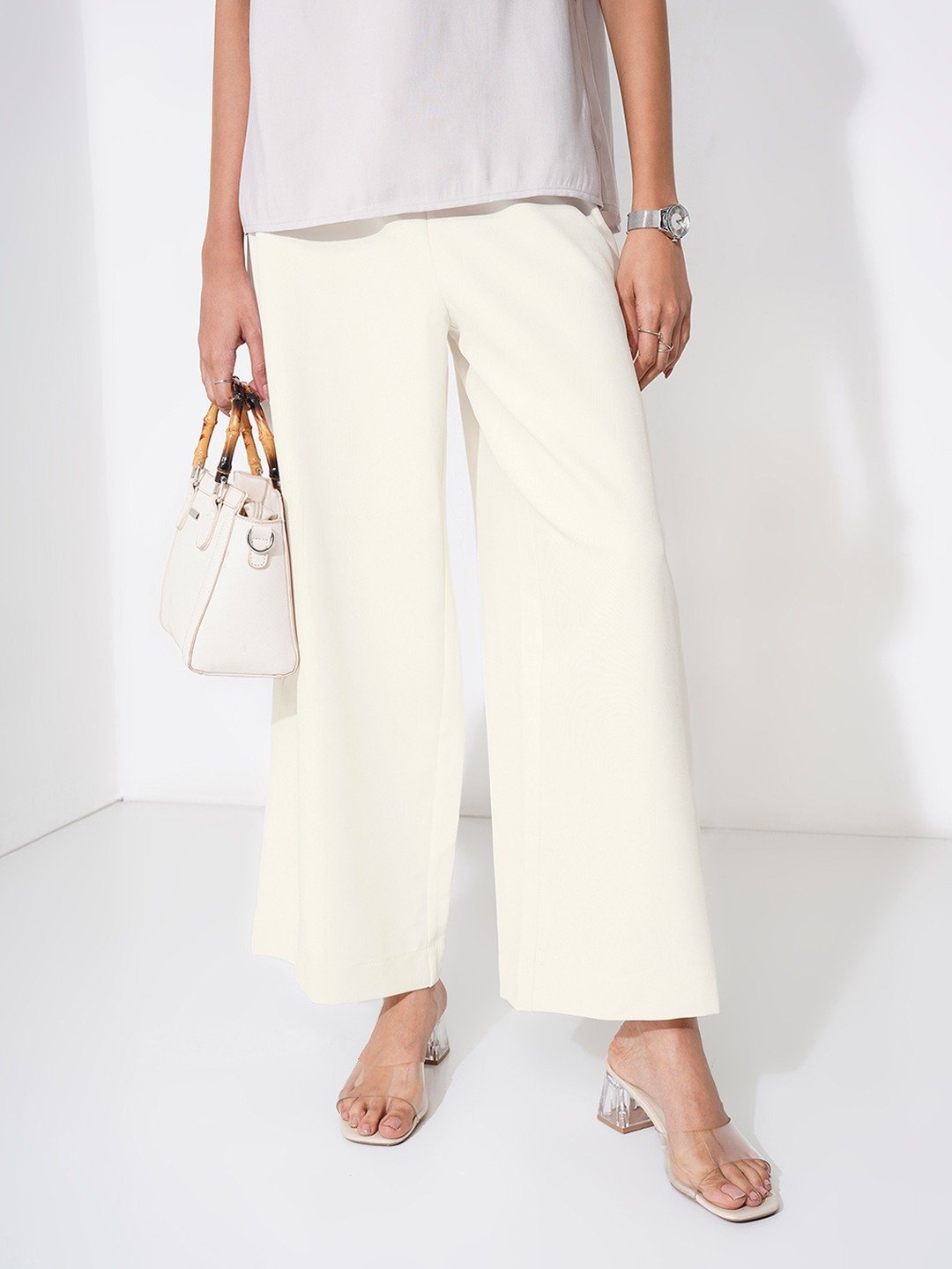 White Solid Wide Leg Pants