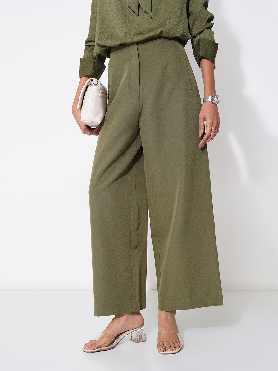 Olive Solid Wide Leg Pants