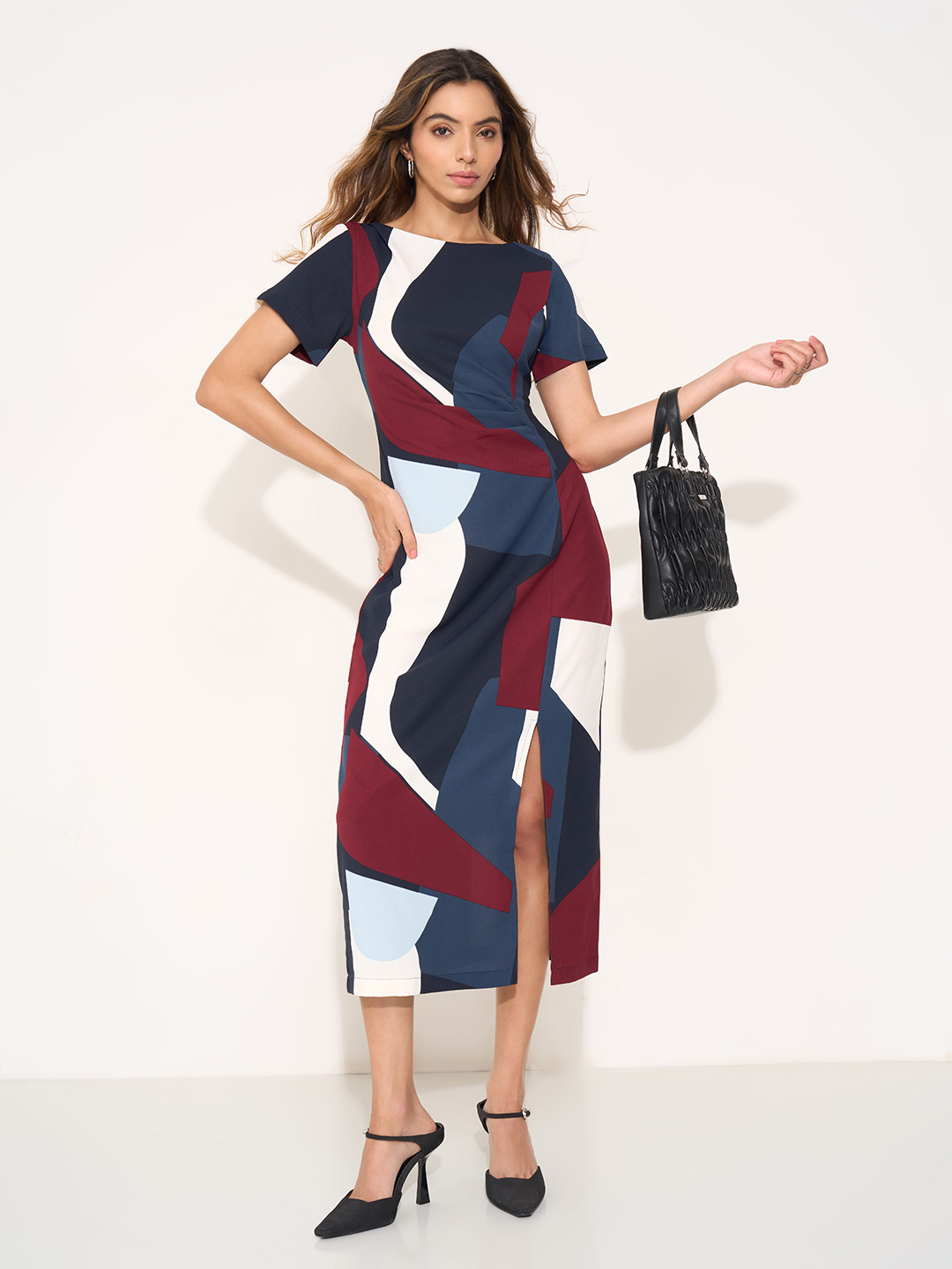 Multicoloured Colour Block Abstract Print Midi Dress