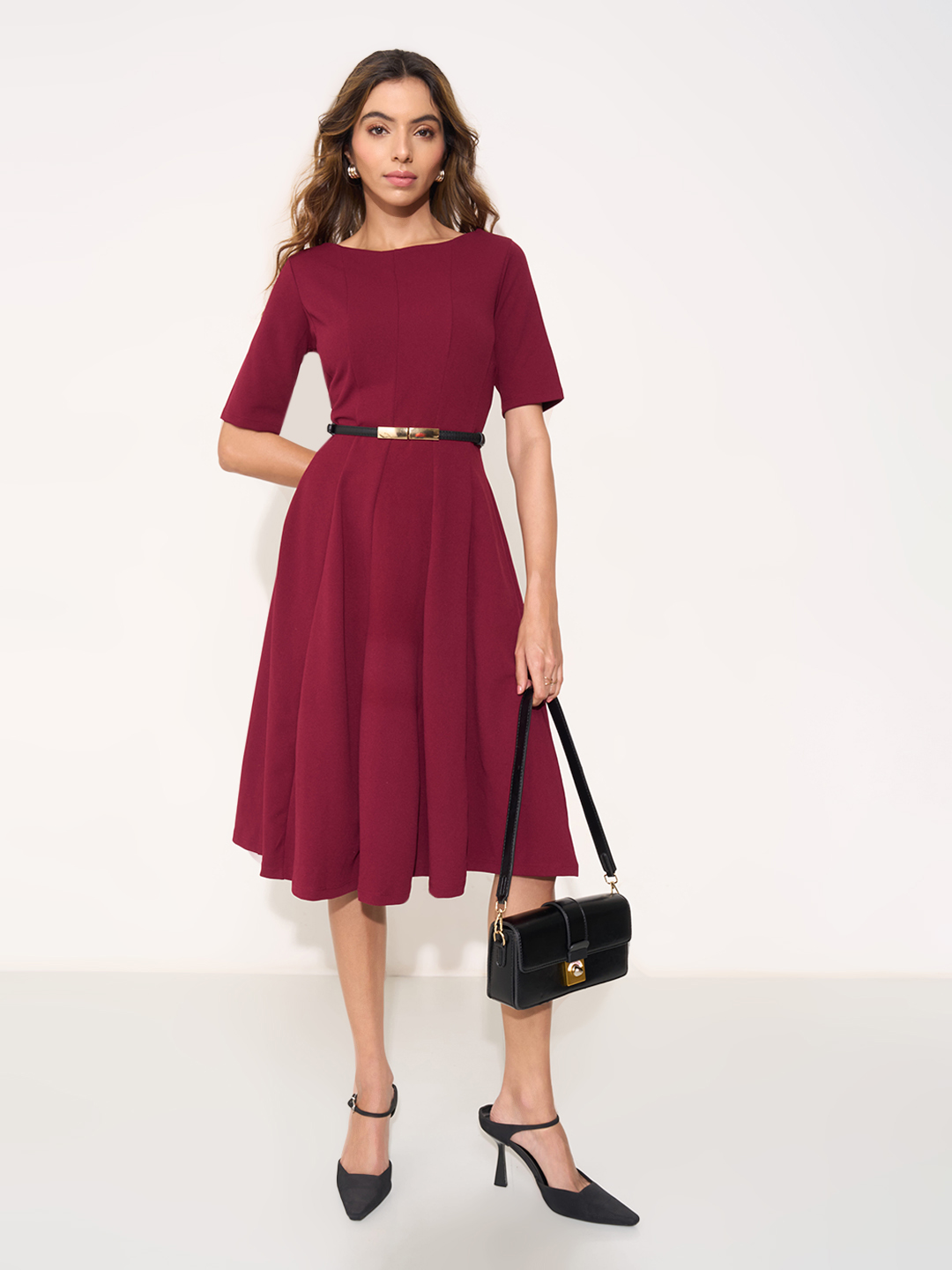 Wine Panelled Midi Fit & Flare Dress